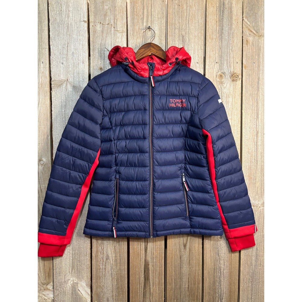 Tommy Hilfiger Womens Navy Red Packable Lightweight Puffer Jacket Small TW0MP683